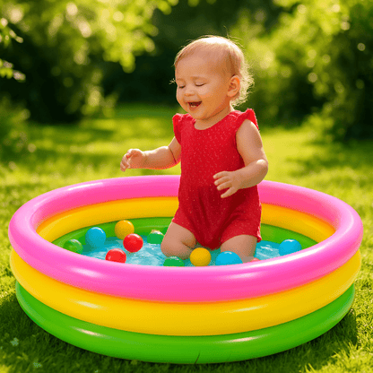 Piscine à balle Arc en ciel bébé fille heureuse
