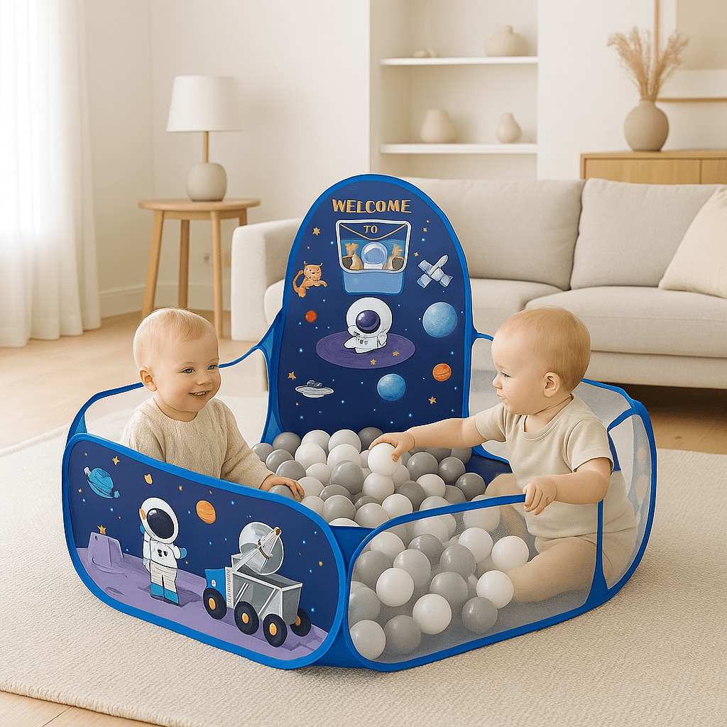 Piscine a balle bébé Océan et Espace jumeaux jouent