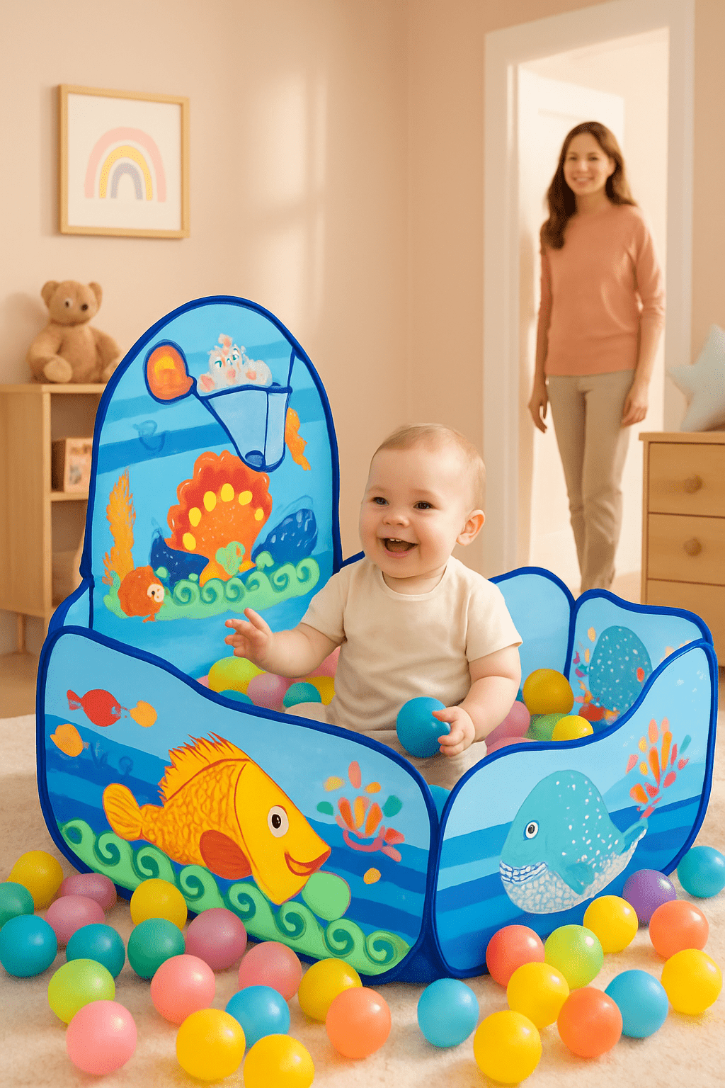 Piscine a balle bébé Océan et Espace maman regarde bébé