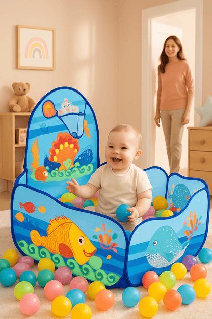 Piscine a balle bébé Océan et Espace maman regarde bébé