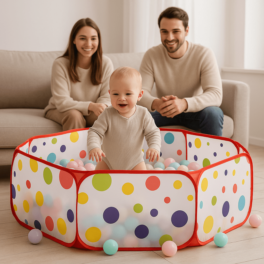 Piscine a balle Hexagone à pois bébé debout