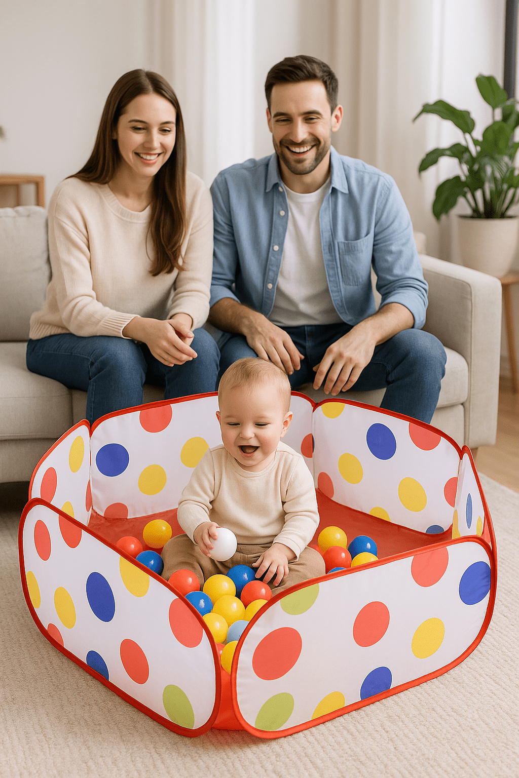 Piscine a balle Hexagone à pois parents regardent bébé